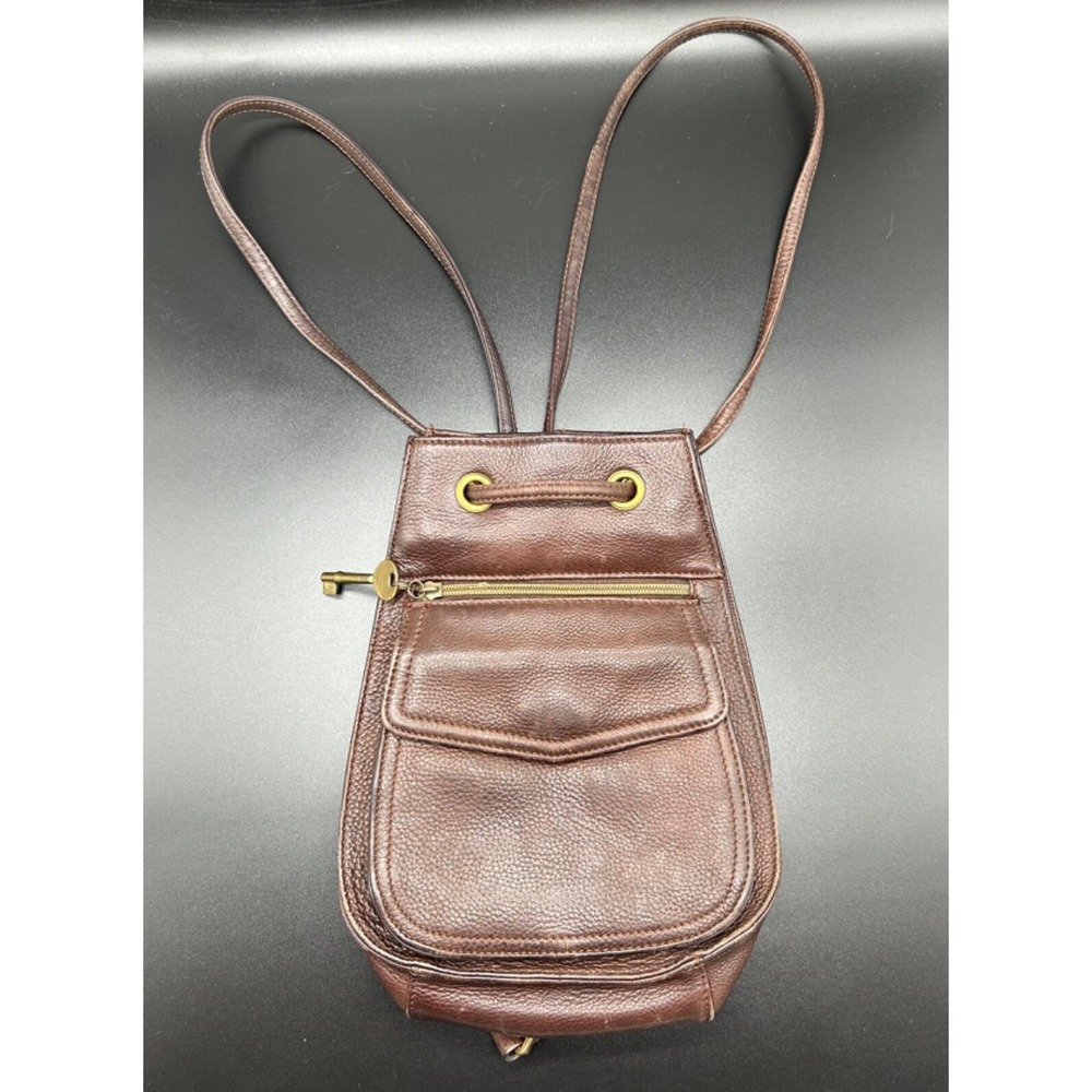 Vtg Fossil Brown Pebbled Leather‎ Backpack Purse Drawstring 75082 Key Charm